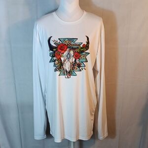 White Long Sleeve Shirt with Aztic Bull Skull and Floral Design